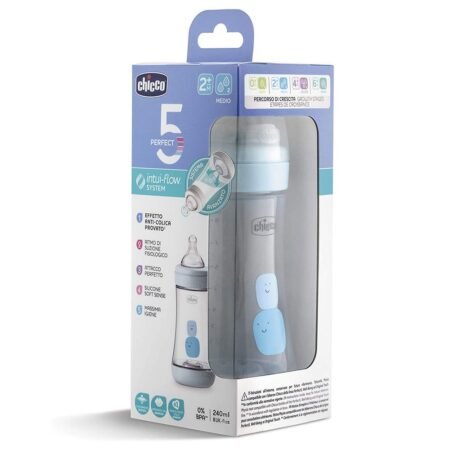 Пляшка пластикова *PERFECT 5*  240мл.соска силіконова  від 2 місяців середній потік (хлопчик)