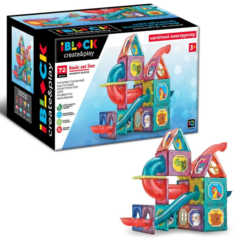 Конструктор магнитный  IBLOCK  PL-921-248 (12шт/2)  72дет., Домик с туннелем для игры с шариком,инструкция на укр яз, в комплекте наклейки животных, в