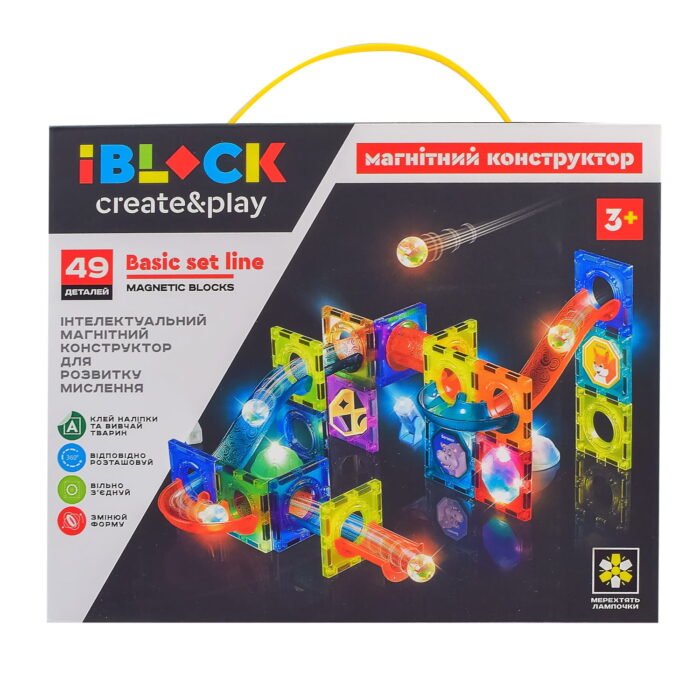 Конструктор магнитный  IBLOCK  PL-921-254 (24шт) 49дет., наклейки животных в комплекте, светится в темноте,  в кор. 27*7,5*22см - Зображення 1