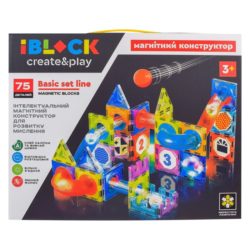 Конструктор магнитный  IBLOCK  PL-921-255 (18шт/2) 75дет., наклейки с цифрами для обучения в комплекте,  светится в темноте,  в кор. 31*8*25см