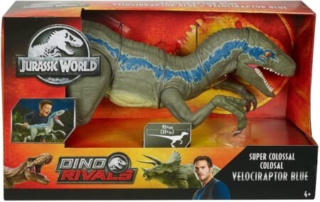 Jurassic World Super Colossal Velociraptor Blue 18” High & 3.5 Feet Long with Realistic Color, Articulated Arms & Legs, Swallows 20 Mini Action Figures [Amazon Exclusive]