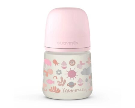Пляшечка, 150 мл, фізіологічна соска повільний потік, *Memories - історії малюків*/рожева (8426420072281)