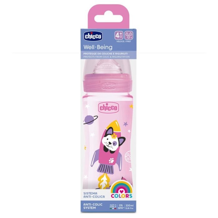 Пляшка пластикова Well-Being 330мл соска силіконова від 4 місяців швидкий потік (дівчинка) - Зображення 1