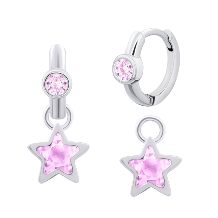 Сережки з підвісами Зірка блискуча з рожевими фіанітами - Зображення 1