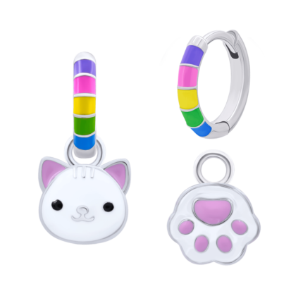 Сережки веселкові з підвісами Котик з лапкою з різнокольоровою емаллю