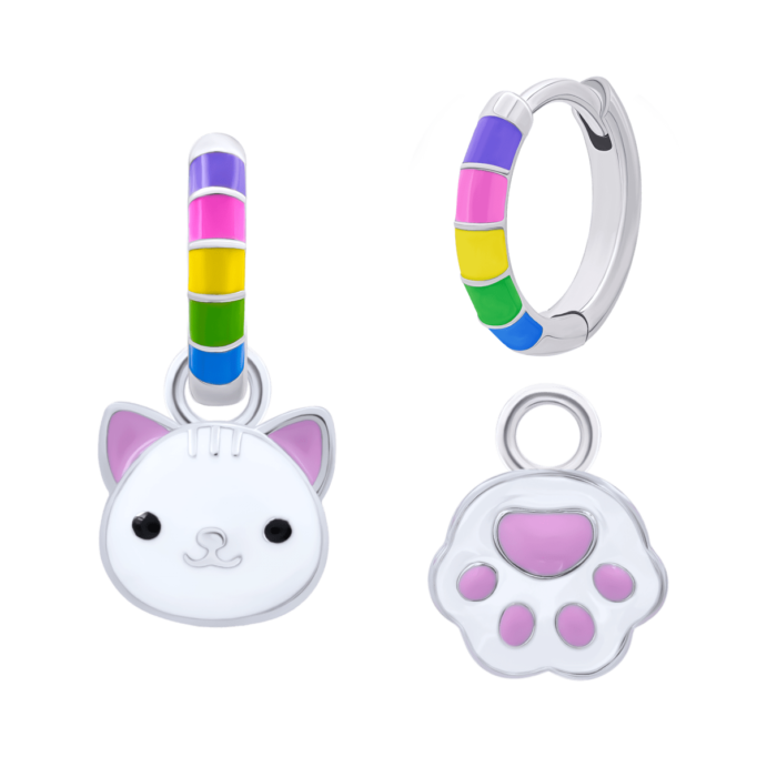 Сережки веселкові з підвісами Котик з лапкою з різнокольоровою емаллю - Зображення 1