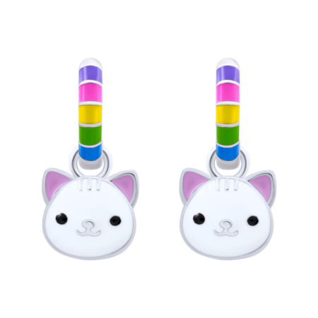 Сережки веселкові з підвісами Котик з лапкою з різнокольоровою емаллю - Зображення 2