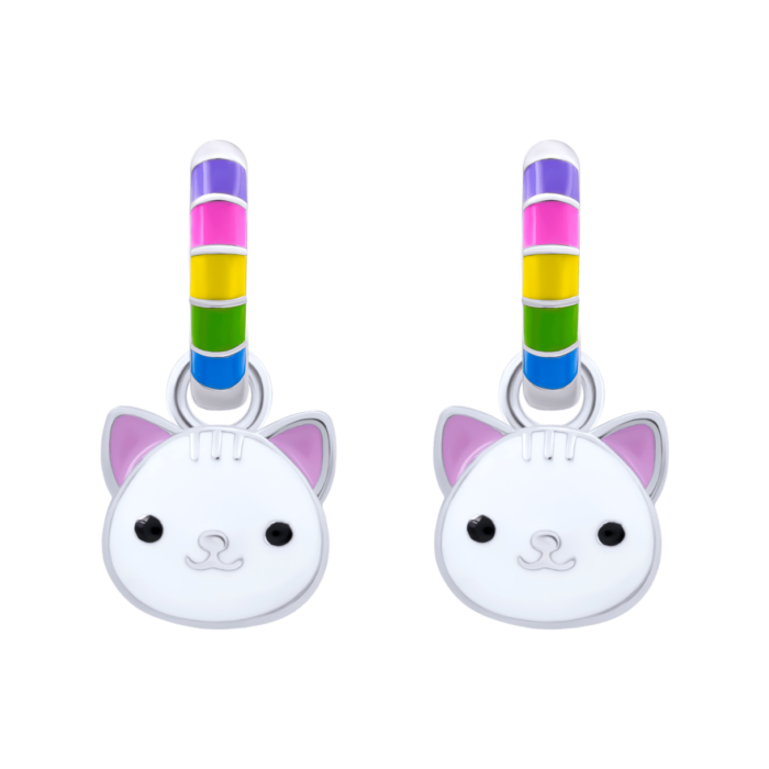 Сережки веселкові з підвісами Котик з лапкою з різнокольоровою емаллю - Зображення 2