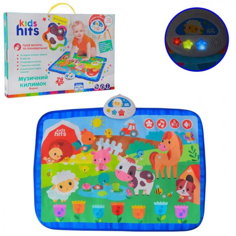 Килимок муз. Kids Hit  арт. KH04-002 (24шт) Ферма, батар. у комплекті, звуки та назви тварин, вірші, мелодіі, р-р килимка 70*50см, короб. 38*26*4см