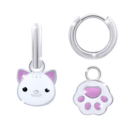 Сережки з підвісами Котик з лапкою з білими фіанітами