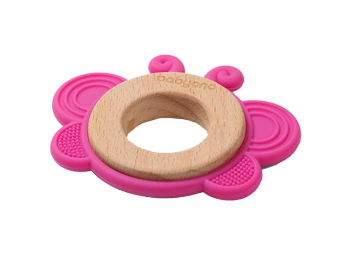 Прорізувач для зубів дерев'янно-силіконовий *Метелик* (Рожевий) *BabyOno* - Зображення 1