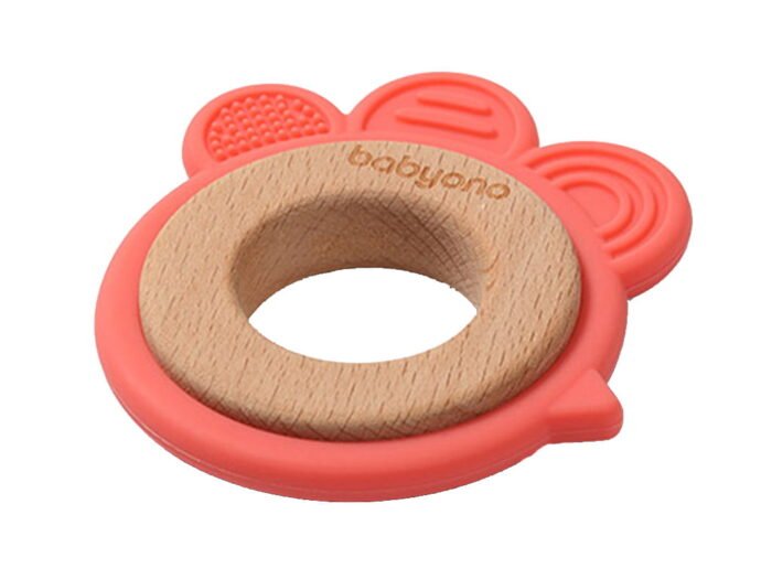 Прорізувач для зубів дерев'янно-силіконовий *Півник* (Цегляний) *BabyOno* - Зображення 1