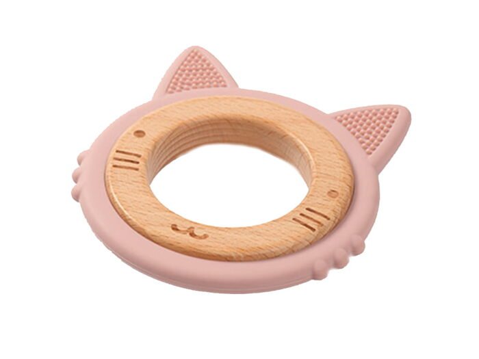 Прорізувач для зубів дерев'янно-силіконовий *Кошеня* (Рожевий) *BabyOno* - Зображення 1