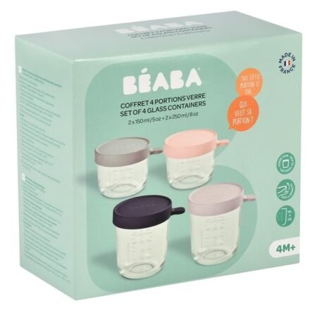 Набір з 4-х контейнерів зі скла Beaba (2х150 мл + 2х250 мл) - зелений/сірий