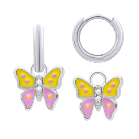 Сережки з підвісами 12х12 Метелик з кристалами Жовто-Рожевий