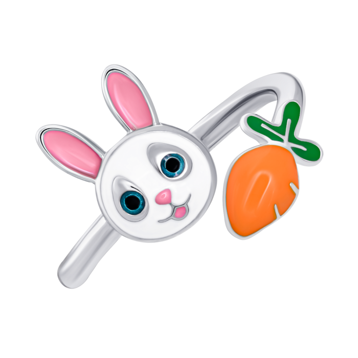 Каблучка Зайчик з морквою із біло-рожевою та помаранчевою емаллю - Зображення 1