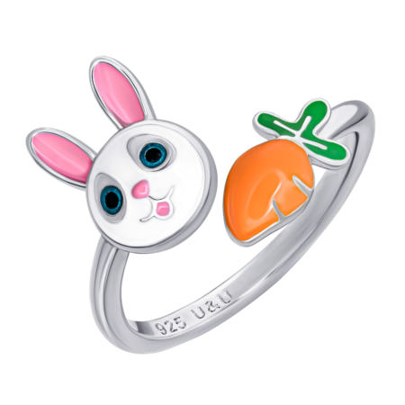 Каблучка Зайчик з морквою із біло-рожевою та помаранчевою емаллю - Зображення 2