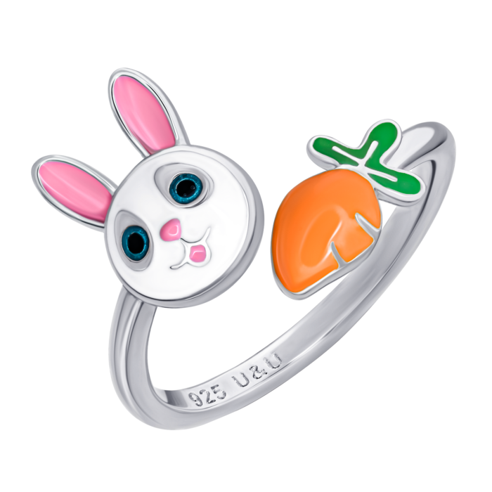 Каблучка Зайчик з морквою із біло-рожевою та помаранчевою емаллю - Зображення 2