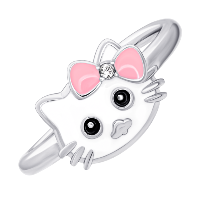 Каблучка Кіті-котик із білою, рожевою емаллю та фіанітом - Зображення 1