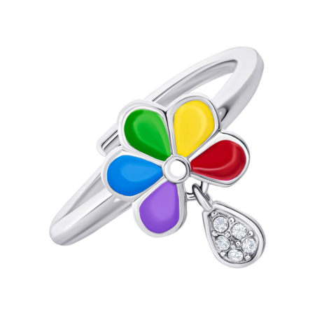 Каблучка Ромашка кольорова з різнобарвною емаллю та підвіскою з фіанітами