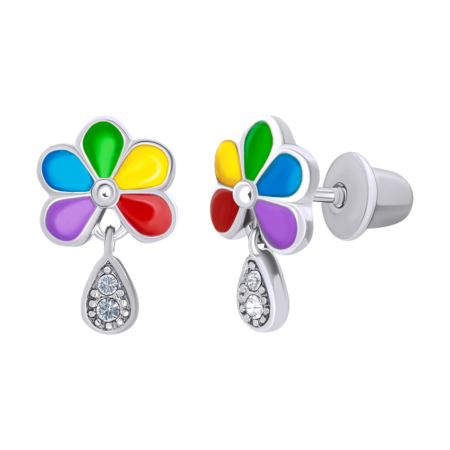 Сережки Ромашка кольорова з емаллю та фіанітами - Зображення 2