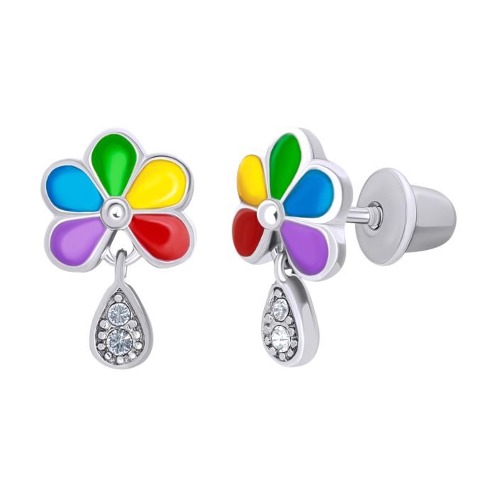 Сережки Ромашка кольорова з емаллю та фіанітами - Зображення 2