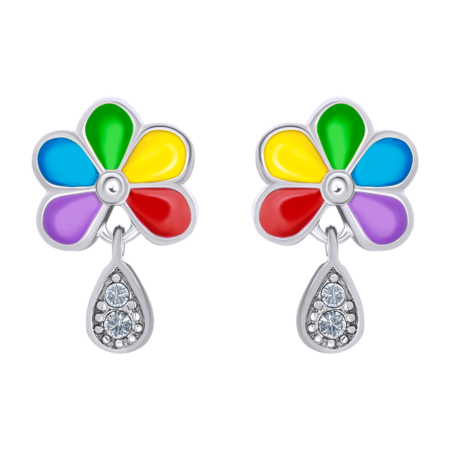 Сережки Ромашка кольорова з емаллю та фіанітами