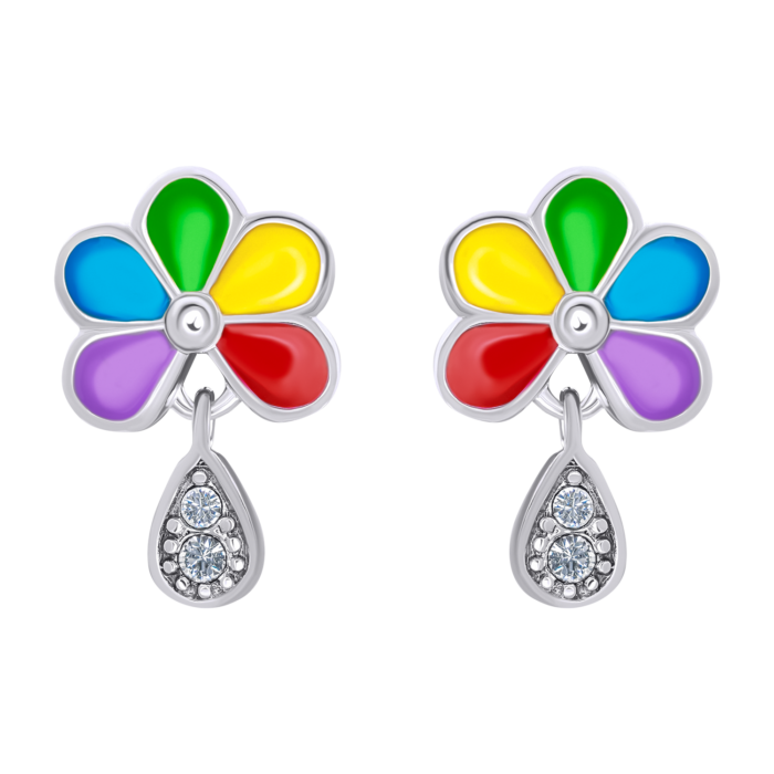 Сережки Ромашка кольорова з емаллю та фіанітами - Зображення 1