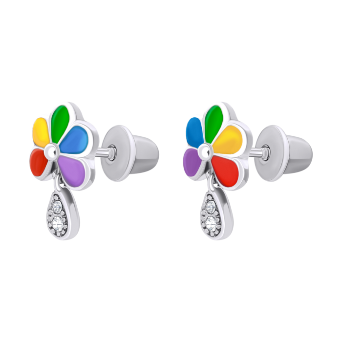 Сережки Ромашка кольорова з емаллю та фіанітами - Зображення 3