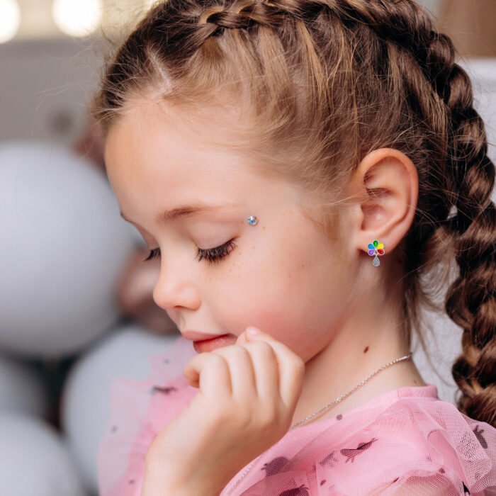 Сережки Ромашка кольорова з емаллю та фіанітами - Зображення 4