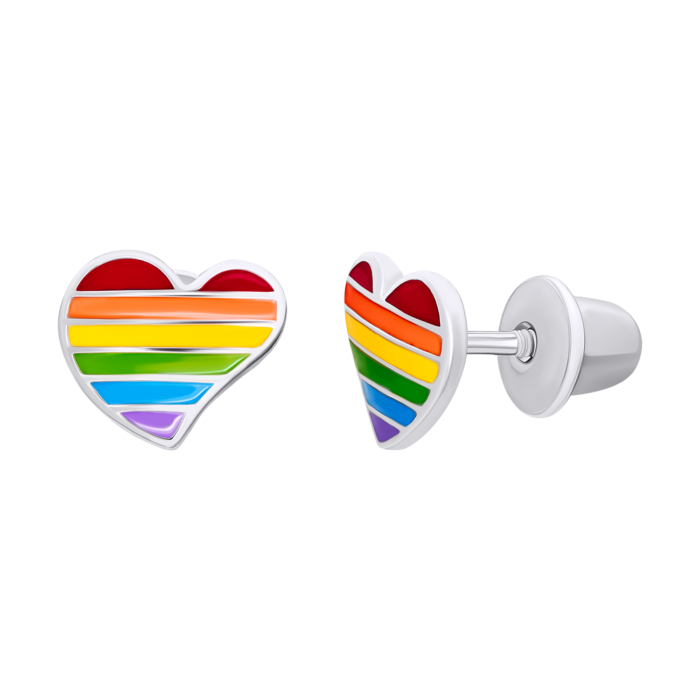 Сережки-пусети Серце кольорове з різнобарвною емаллю - Зображення 2