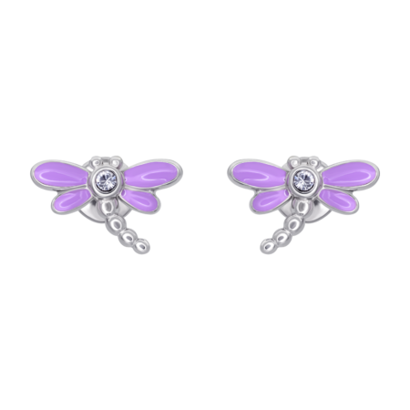 Сережки-пусети Бабка з фіолетовою емаллю та фіанітами