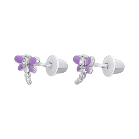 Сережки-пусети Бабка з фіолетовою емаллю та фіанітами - Зображення 3