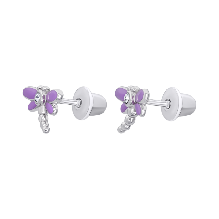 Сережки-пусети Бабка з фіолетовою емаллю та фіанітами - Зображення 3