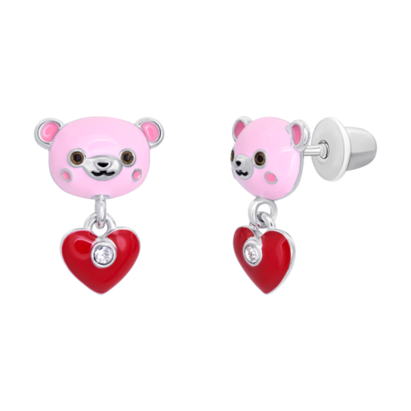 Сережки-пусети Ведмежатко з серцем із рожевою, червоною емаллю та  фіанітами - Зображення 2