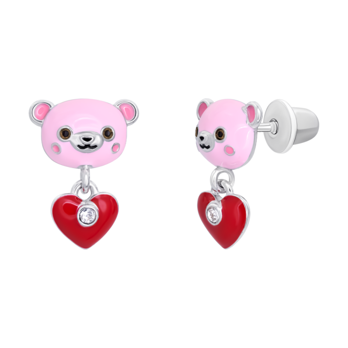Сережки-пусети Ведмежатко з серцем із рожевою, червоною емаллю та  фіанітами - Зображення 2