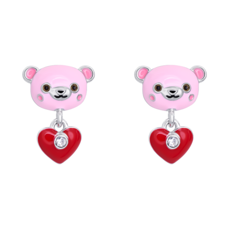 Сережки-пусети Ведмежатко з серцем із рожевою, червоною емаллю та  фіанітами
