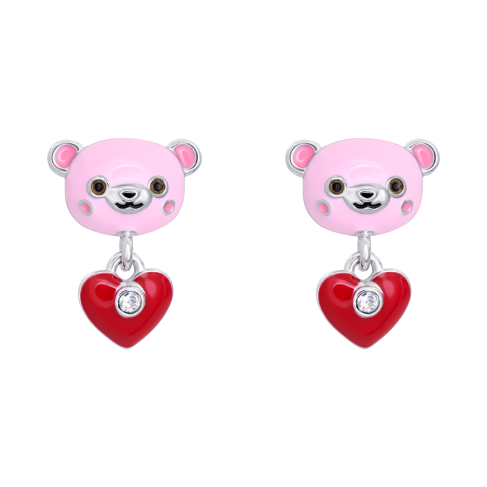 219582700641_2.1800x1800w Сережки-пусети Ведмежатко з серцем із рожевою, червоною емаллю та фіанітами - Зображення 1