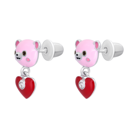 Сережки-пусети Ведмежатко з серцем із рожевою, червоною емаллю та  фіанітами - Зображення 3