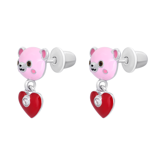 Сережки-пусети Ведмежатко з серцем із рожевою, червоною емаллю та  фіанітами - Зображення 3