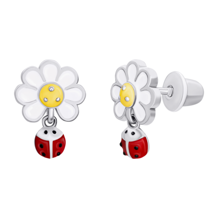 Сережки-пусети Ромашка з сонечком із білою, жовтою та червоною емаллю - Зображення 2