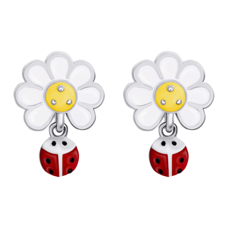 Сережки-пусети Ромашка з сонечком із білою, жовтою та червоною емаллю