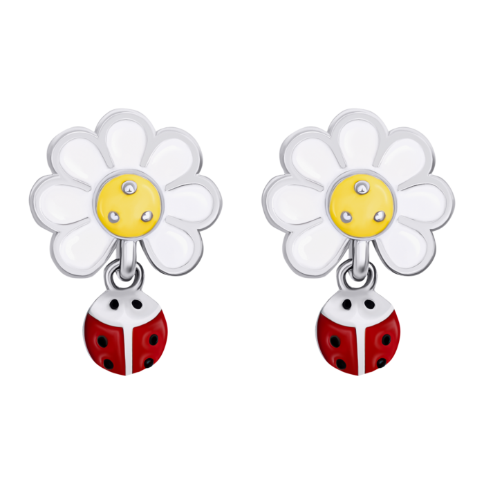 Сережки-пусети Ромашка з сонечком із білою, жовтою та червоною емаллю - Зображення 1