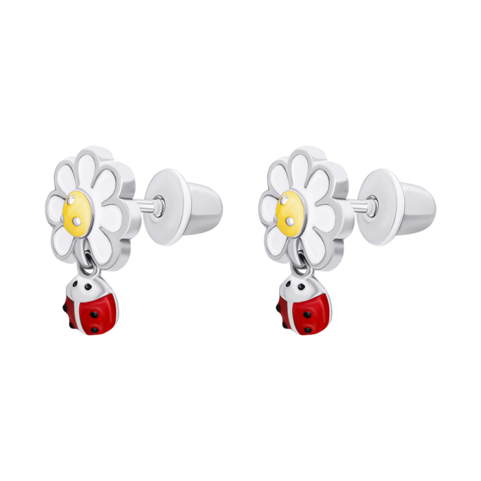 Сережки-пусети Ромашка з сонечком із білою, жовтою та червоною емаллю - Зображення 3
