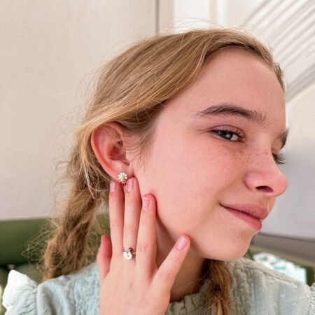 Сережки-пусети Ромашка з сонечком із білою, жовтою та червоною емаллю - Зображення 4