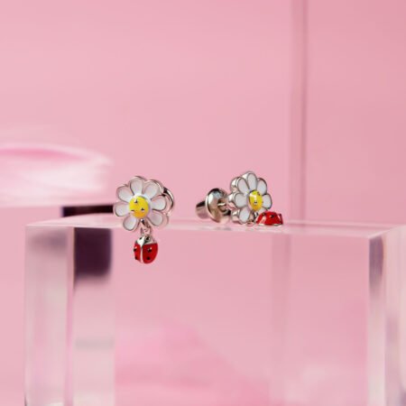 Сережки-пусети Ромашка з сонечком із білою, жовтою та червоною емаллю - Зображення 5