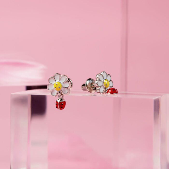 Сережки-пусети Ромашка з сонечком із білою, жовтою та червоною емаллю - Зображення 5