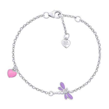 Браслет на ланцюжку Бабка з фіолетовою, рожевою емаллю та фіанітом