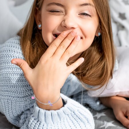 Браслет на ланцюжку Бабка з фіолетовою, рожевою емаллю та фіанітом - Зображення 6