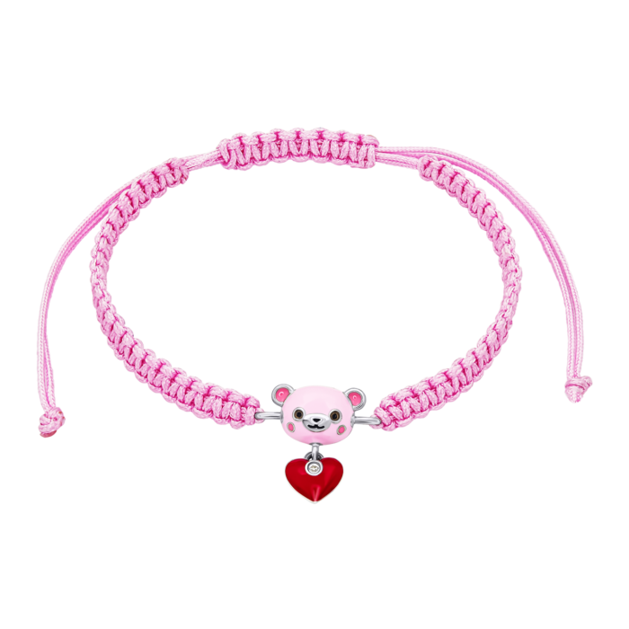 Браслет плетений Ведмежатко з серцем із рожевою, червоною емаллю та  фіанітом - Зображення 1